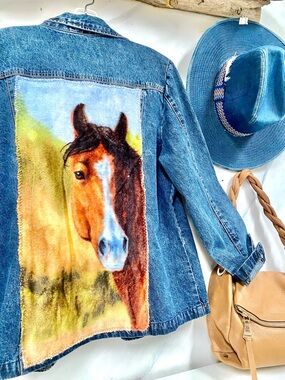 Upcycled HORSE equestrian Denim/jean Jacket w Distressed Edges southwestern vibe